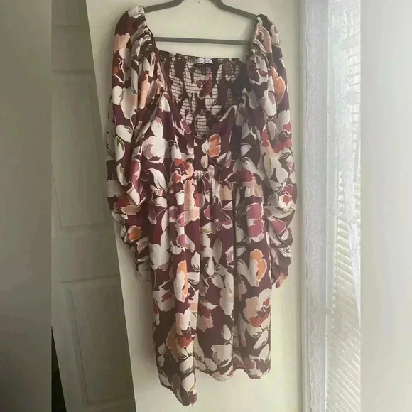 Eloquii Elements Floral Mini Dress Bow Bodice Puff Long Sleeve Sweetheart Neck - Picture 2 of 11